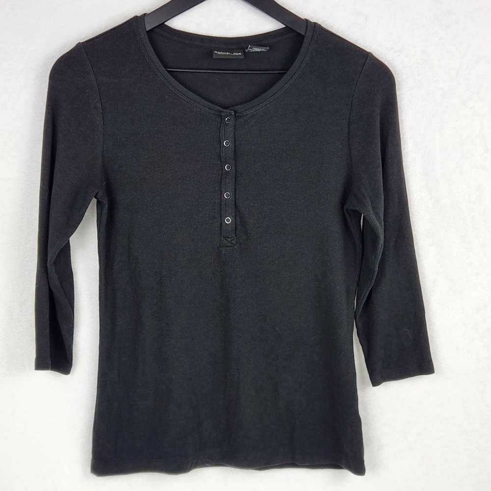 Rachel Zoe Henley Top Womens Medium Black 3/4 Sleeve Ribbed Knit Y2K Classic